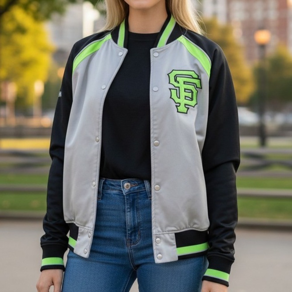 Stitches SF Giants MLB Bomber Jacket Grey Black Neon Green Vintage Large